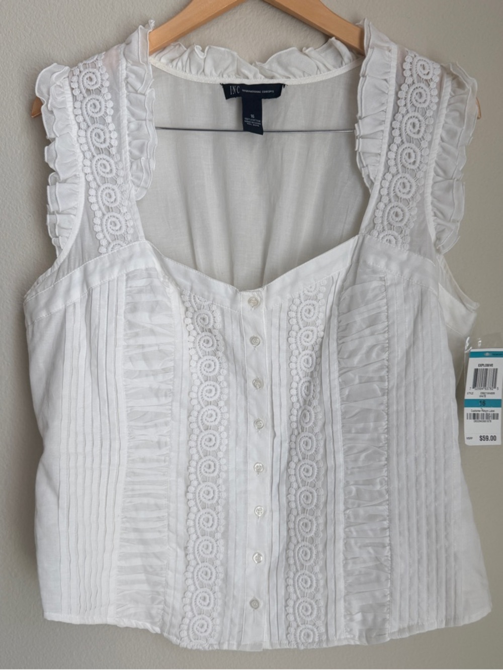 INC International Concepts White Ruffled Lace Button-Front Camisole